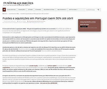 Fuses e aquisies em Portugal caem 30% at abril